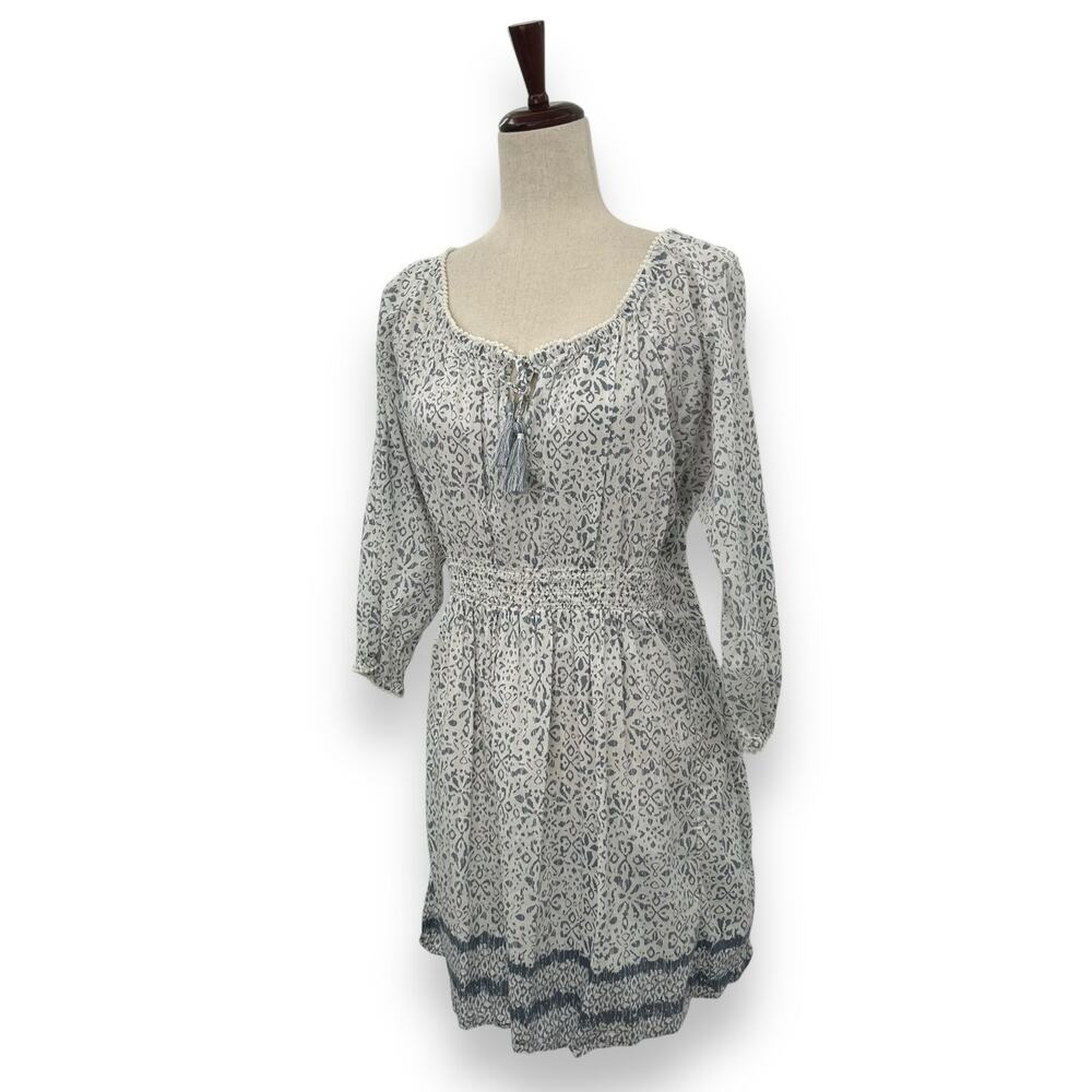 Athleta Honey Dress Size Medium White Blue Spotted Print Fit & Flare Smocked EUC - Picture 4 of 10